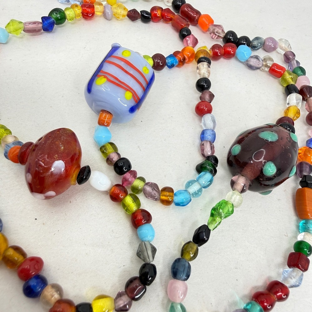 Artisan Hand Blown Lampwork Glass Bead Necklace Rainbow Multi Color Rainbow